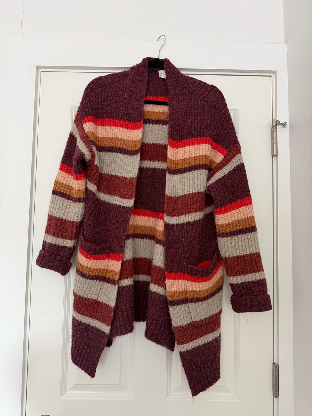 a new day Burgundy Striped Open-Front Cardigan with Neutral Accents